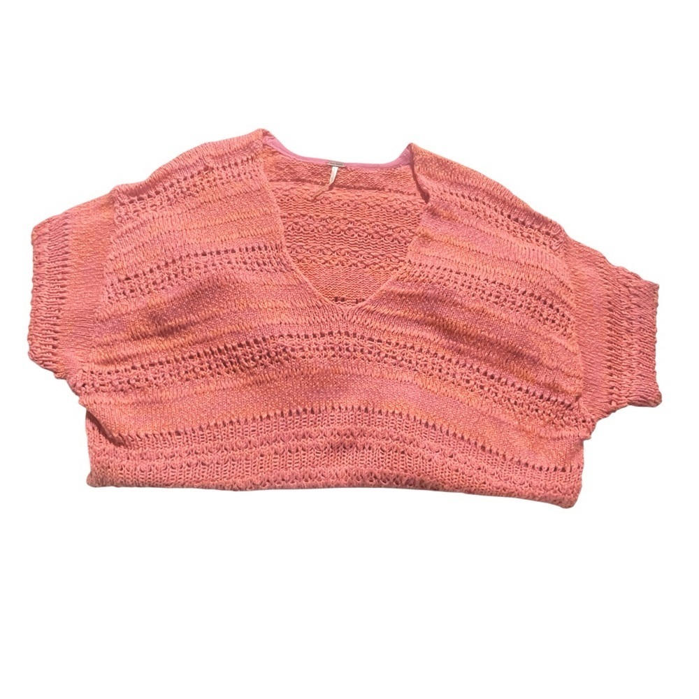 Free People Coral Pink Open Knit Oversized V-Neck Sweater Tunic Medium - Picture 10 of 15